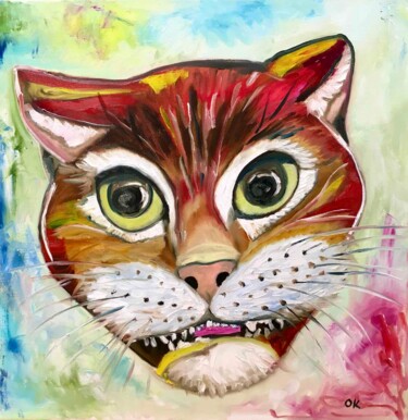 Painting titled "Cheshire Cat, felin…" by Olga Koval, Original Artwork, Oil Mounted on Wood Stretcher frame