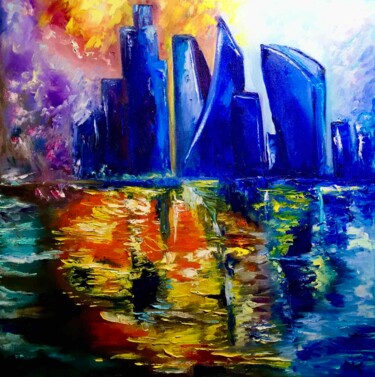 Painting titled "Abstract London Cit…" by Olga Koval, Original Artwork, Oil Mounted on Wood Stretcher frame