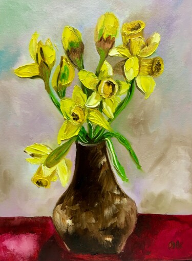 Painting titled "Daffodils on red ta…" by Olga Koval, Original Artwork, Oil Mounted on Wood Stretcher frame