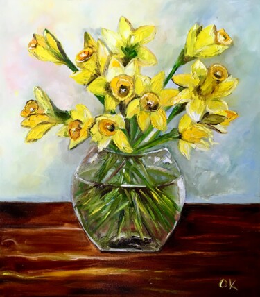 Painting titled "Daffodils on wooden…" by Olga Koval, Original Artwork, Oil Mounted on Wood Stretcher frame