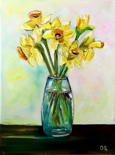 Painting titled "Daffodils in a glas…" by Olga Koval, Original Artwork, Oil Mounted on Wood Stretcher frame