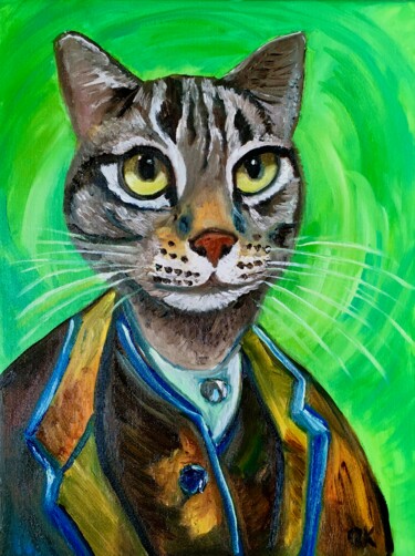 Malarstwo zatytułowany „Cat Vincent Van Gog…” autorstwa Olga Koval, Oryginalna praca, Olej Zamontowany na Drewniana rama nos…