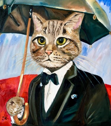 Painting titled "Cat Troy in Cannes…" by Olga Koval, Original Artwork, Oil Mounted on Wood Stretcher frame