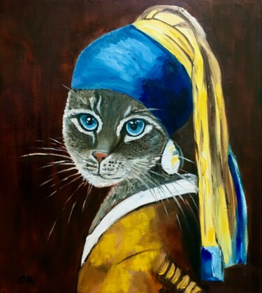 Painting titled "Cat with the Pearl…" by Olga Koval, Original Artwork, Oil Mounted on Wood Stretcher frame