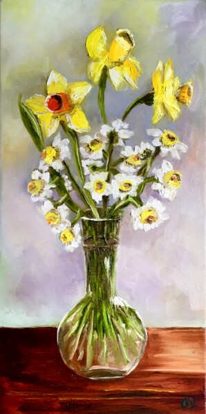 Schilderij getiteld "Daffodils in a vase…" door Olga Koval, Origineel Kunstwerk, Olie Gemonteerd op Frame voor houten branca…