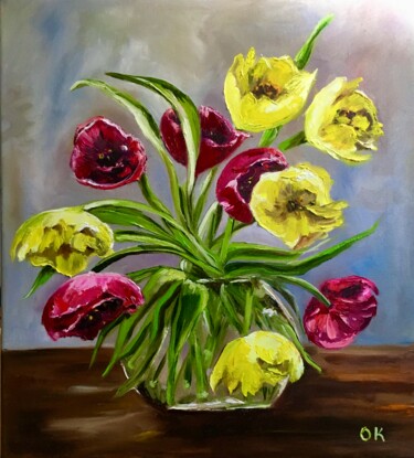 Painting titled "Tulips in a vase" by Olga Koval, Original Artwork, Oil Mounted on Wood Stretcher frame