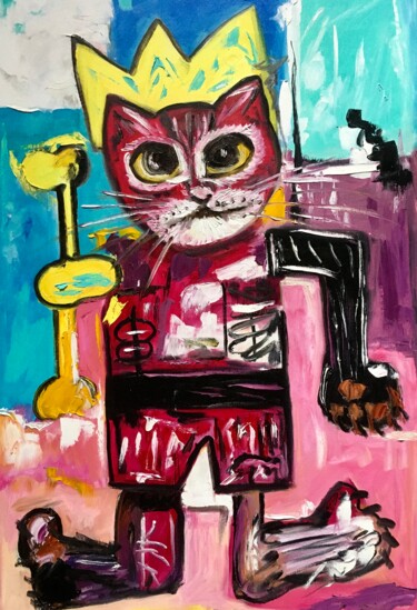 Painting titled "Red cat king warrio…" by Olga Koval, Original Artwork, Oil Mounted on Wood Stretcher frame