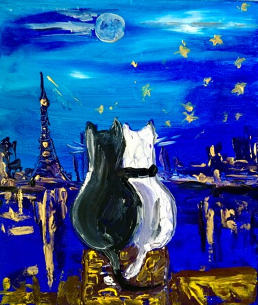 Painting titled "Cats in Paris. Pari…" by Olga Koval, Original Artwork, Acrylic Mounted on Wood Stretcher frame