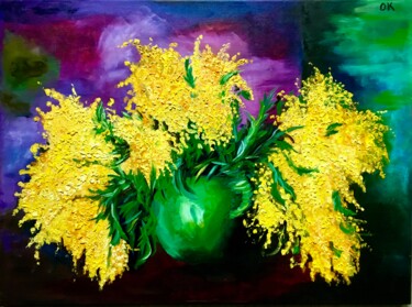Schilderij getiteld "Mimosas in a vase,…" door Olga Koval, Origineel Kunstwerk, Olie Gemonteerd op Frame voor houten brancard