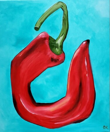 Painting titled "Red hot pepper on t…" by Olga Koval, Original Artwork, Oil Mounted on Wood Stretcher frame
