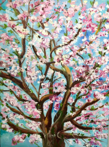 Painting titled "Cherry blossom. Spr…" by Olga Koval, Original Artwork, Oil Mounted on Wood Stretcher frame
