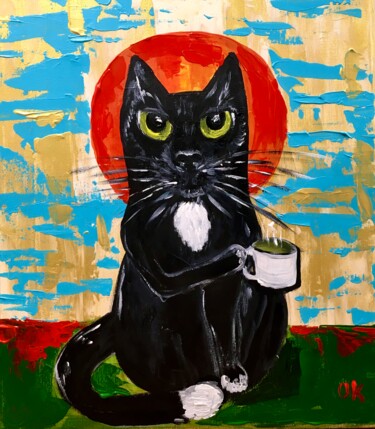 Painting titled "Morning cat" by Olga Koval, Original Artwork, Acrylic Mounted on Wood Stretcher frame