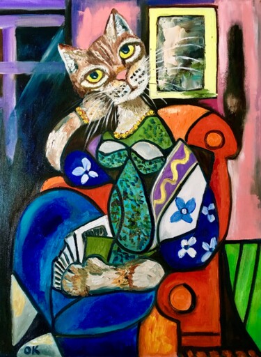 Painting titled "Cute Cat reading a…" by Olga Koval, Original Artwork, Oil Mounted on Wood Stretcher frame