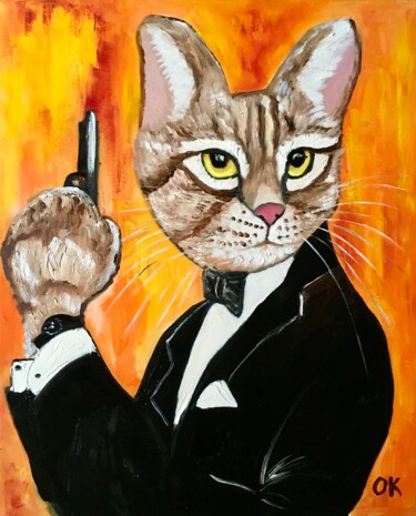 Painting titled "Cat James Bond agen…" by Olga Koval, Original Artwork, Oil Mounted on Wood Stretcher frame