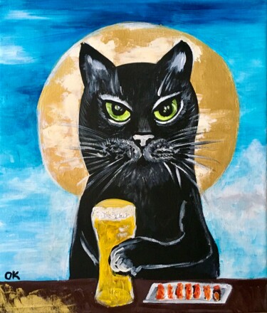 Painting titled "Evening cat and pin…" by Olga Koval, Original Artwork, Acrylic Mounted on Wood Stretcher frame