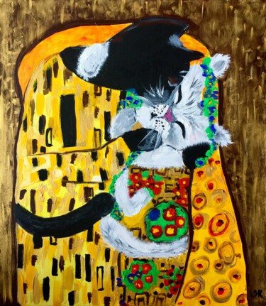 Painting titled "Cats kiss and Gusta…" by Olga Koval, Original Artwork, Acrylic Mounted on Wood Stretcher frame