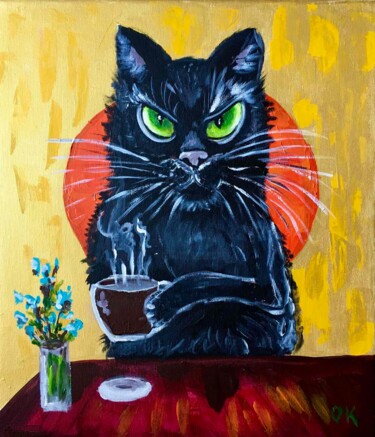 Malarstwo zatytułowany „Grumpy morning cat.…” autorstwa Olga Koval, Oryginalna praca, Akryl Zamontowany na Drewniana rama no…