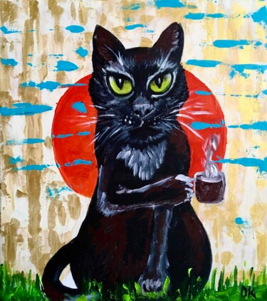 Painting titled "Morning Cat. Coffee…" by Olga Koval, Original Artwork, Acrylic Mounted on Wood Stretcher frame