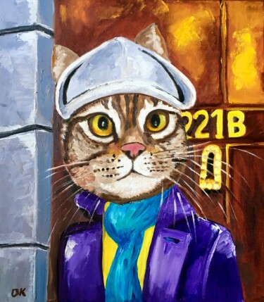 Painting titled "Troy The Cat- Sherl…" by Olga Koval, Original Artwork, Oil Mounted on Wood Stretcher frame