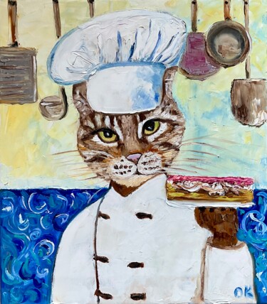 Painting titled "Cat chef baker. Bir…" by Olga Koval, Original Artwork, Oil Mounted on Wood Stretcher frame
