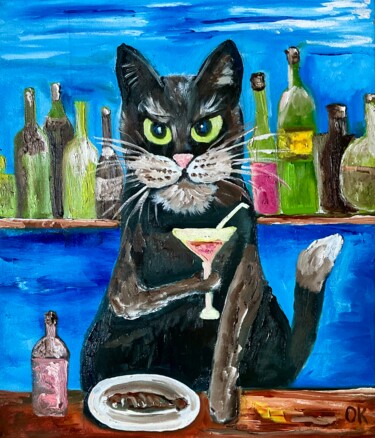 Painting titled "Martini cat. Evenin…" by Olga Koval, Original Artwork, Oil Mounted on Wood Stretcher frame
