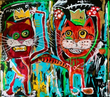 Ζωγραφική με τίτλο "Cats kings alchemis…" από Olga Koval, Αυθεντικά έργα τέχνης, Ακρυλικό Τοποθετήθηκε στο Ξύλινο φορείο σκε…