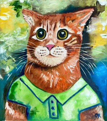 Pittura intitolato "Pensive cat Maksyk" da Olga Koval, Opera d'arte originale, Olio Montato su Telaio per barella in legno