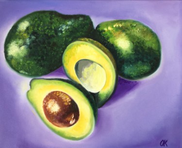 Painting titled "Avocado, still life…" by Olga Koval, Original Artwork, Oil Mounted on Wood Stretcher frame