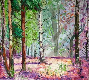 Painting titled "Forest in the morni…" by Olga Koval, Original Artwork, Oil