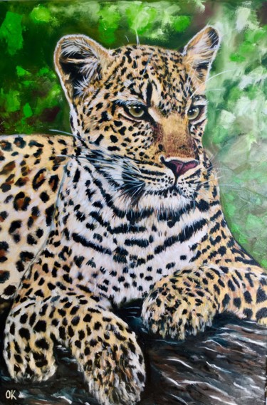 Schilderij getiteld "Leopard on the tree" door Olga Koval, Origineel Kunstwerk, Olie