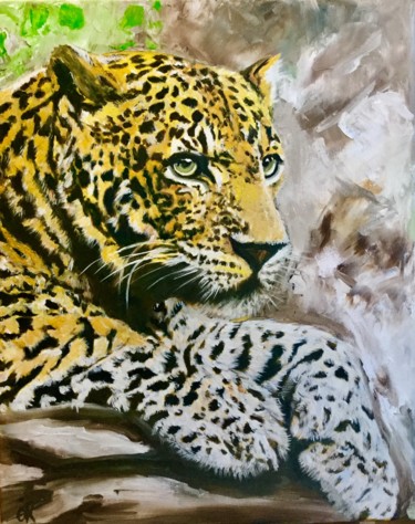 Pintura intitulada "Leopard in rocks" por Olga Koval, Obras de arte originais, Óleo