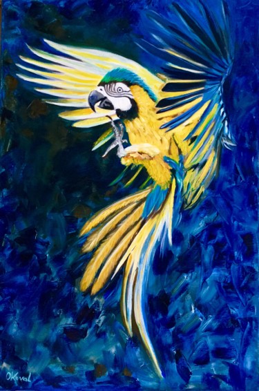Painting titled "Parrot in flight" by Olga Koval, Original Artwork, Oil