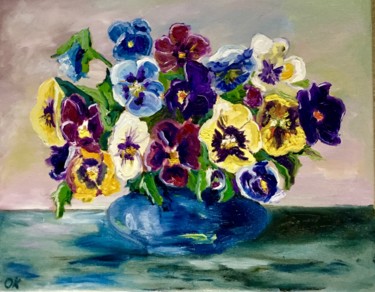 Painting titled "Pansy in a vase" by Olga Koval, Original Artwork, Oil