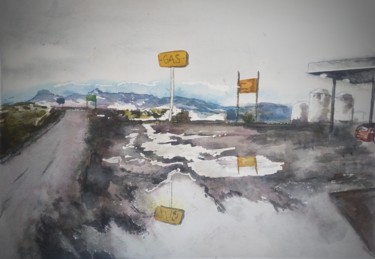 Ζωγραφική με τίτλο "Gas station" από Olga Laray, Αυθεντικά έργα τέχνης, Ακουαρέλα
