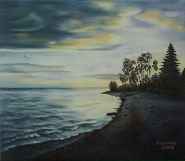 Painting titled "Sunset on the lake" by Olga Levitas, Original Artwork, Oil