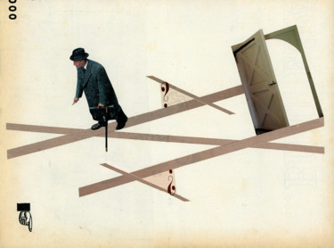 Collagen mit dem Titel "Papi sur sa route" von Olga Lupi, Original-Kunstwerk, Scherenschnitt