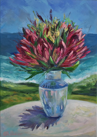 Painting titled "Protea in Vase" by Olga Nikitina, Original Artwork, Oil Mounted on Wood Stretcher frame