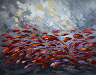 Painting titled "Red Fish" by Olga Nikitina, Original Artwork, Oil Mounted on Wood Stretcher frame