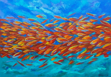 Ζωγραφική με τίτλο "Red Fish Painting" από Olga Nikitina, Αυθεντικά έργα τέχνης, Λάδι