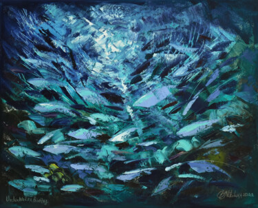 Картина под названием "BLUE OCEAN UNDERWAT…" - Olga Nikitina, Подлинное произведение искусства, Масло Установлен на Деревянн…