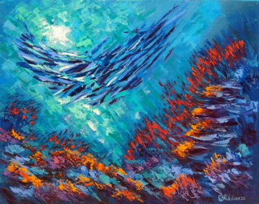 Painting titled "Tropical Coral Reef" by Olga Nikitina, Original Artwork, Oil Mounted on Wood Stretcher frame