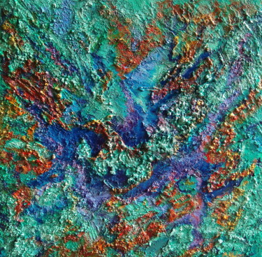 Painting titled "Caribbean Coral Reef" by Olga Nikitina, Original Artwork, Oil Mounted on Wood Stretcher frame