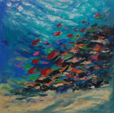 Painting titled "Coral Reef  UNDERWA…" by Olga Nikitina, Original Artwork, Oil Mounted on Wood Stretcher frame