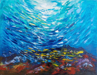 Painting titled "Fish Painting Coral…" by Olga Nikitina, Original Artwork, Oil Mounted on Wood Stretcher frame