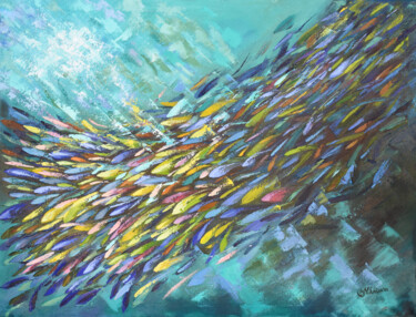 Peinture intitulée "School of Fish Trop…" par Olga Nikitina, Œuvre d'art originale, Huile