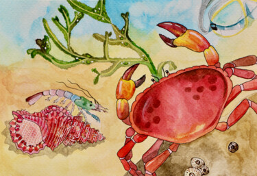 Pintura titulada "Crab voyeur" por Olga Petrova, Obra de arte original, Acuarela