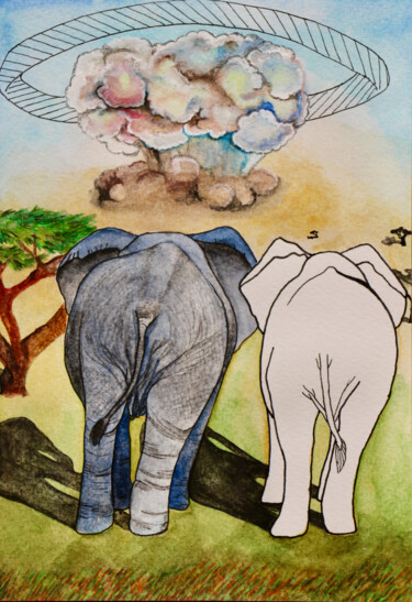 Ζωγραφική με τίτλο "The last elephant" από Olga Petrova, Αυθεντικά έργα τέχνης, Ακουαρέλα