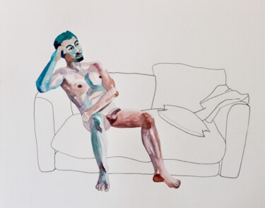 Painting titled "Jo's couch" by Olga Petrova, Original Artwork, Watercolor