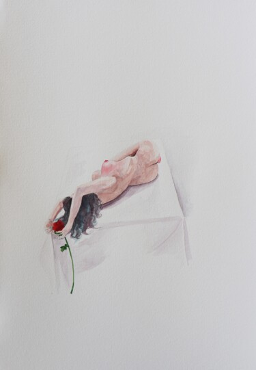 Malerei mit dem Titel "Girl with a rose" von Olga Petrova, Original-Kunstwerk, Aquarell