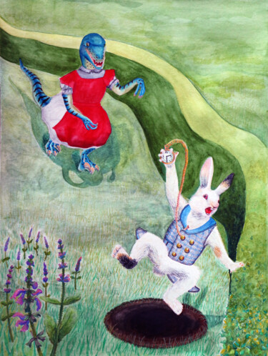 Ζωγραφική με τίτλο "Aliciraptor running…" από Olga Petrova, Αυθεντικά έργα τέχνης, Ακουαρέλα